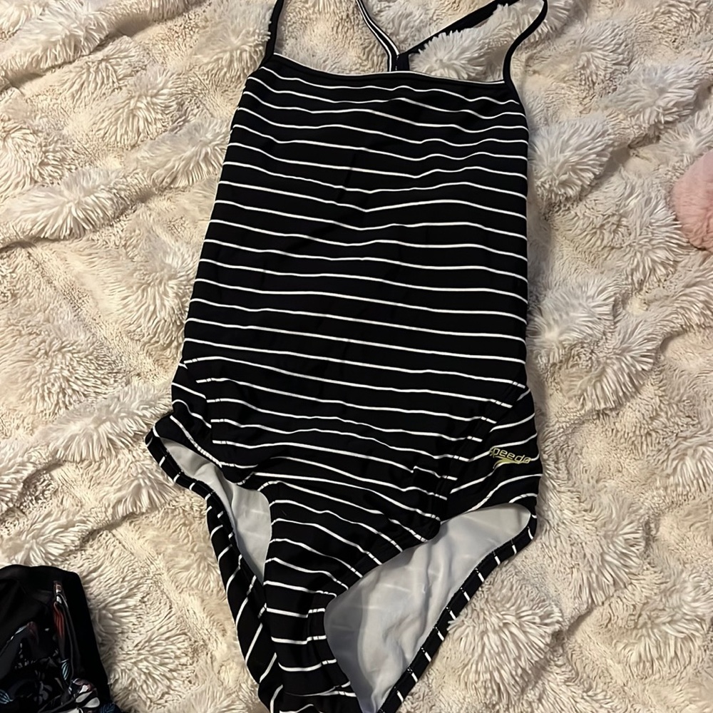 Black and white striped speedo one piece